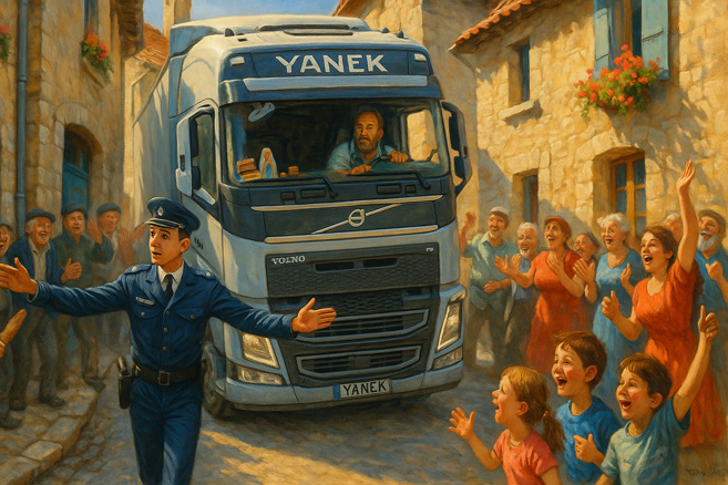 Французский полицейский провожает фуру из деревни