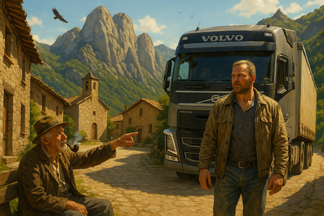 старик показывает дорогу заблудившемуся дальнобойщику